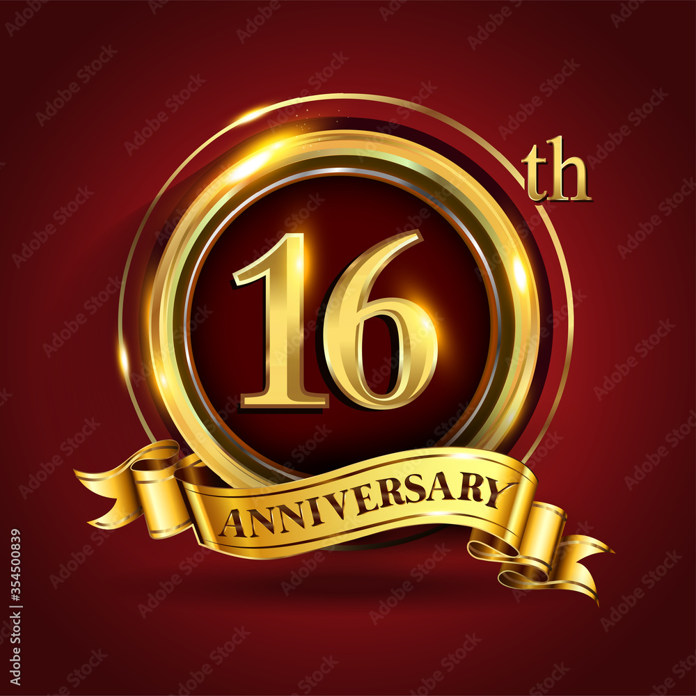 Celebrating 16th golden anniversary, Design Logo of Anniversary celebration with gold ring and golden ribbon. Celebrating 16th golden anniversary, Design Logo of Anniversary celebration with gold ring and golden ribbon.