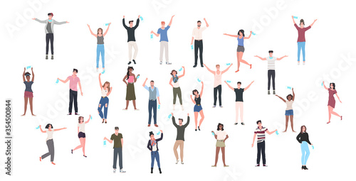 mix race people crowd taking off face masks celebrating victory over covid-19 coronavirus pandemic quarantine is ending horizontal full length vector illustration