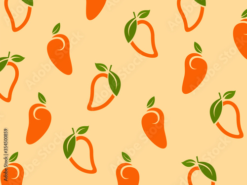 Mango fruits Vector Repeat seamless shape pattern on soft orange color backgorund. Great for fabric, packaging, wallpaper, invitations. Summer colorful tropical textile print.