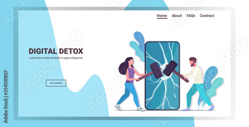 couple hitting smartphone screen with hammers digital detox rest from devices concept man woman abandoning internet and social networks horizontal full length copy space vector illustration