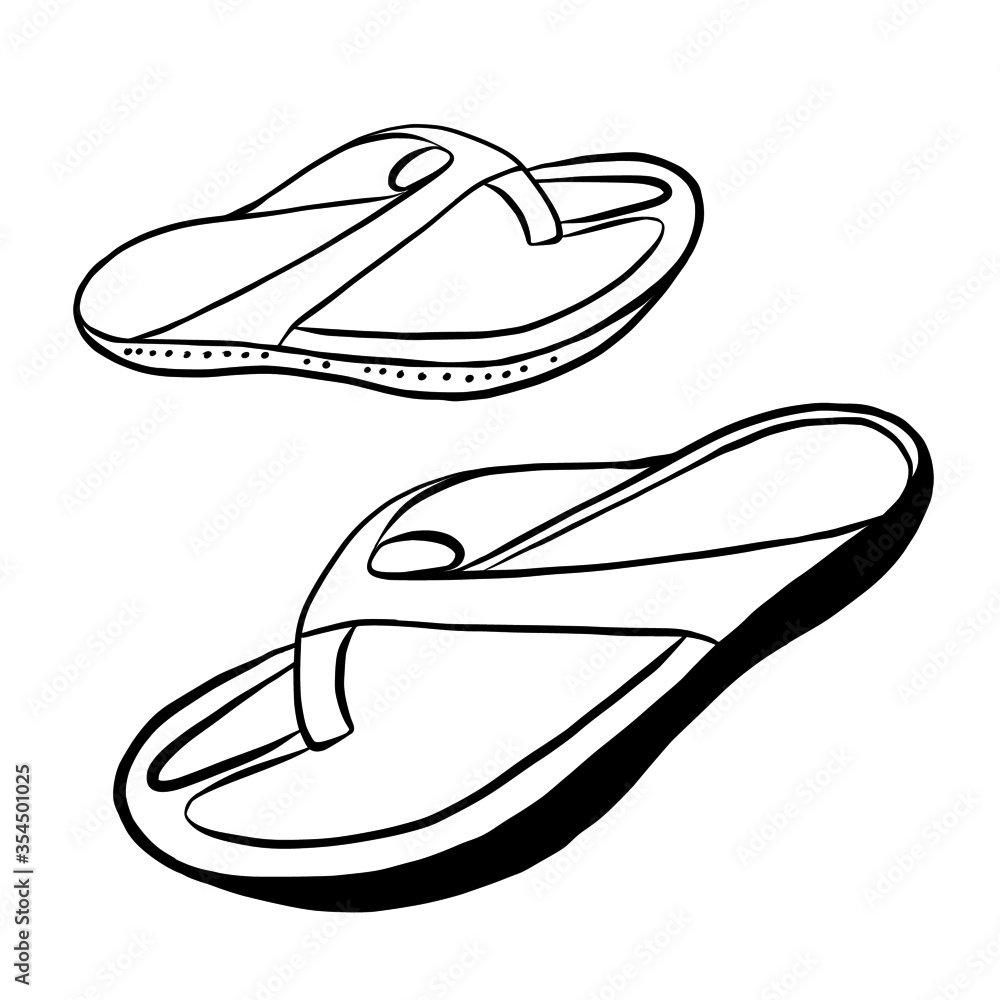 Doodle flip flops. Summer beach slippers hand drawn vector illustration on white background Design element for stickers,greeting cards, posters, and fashion design. Doodle flip flops. Summer beach slippers hand drawn vector illustration on white background Design element for stickers,greeting cards, posters, and fashion design.