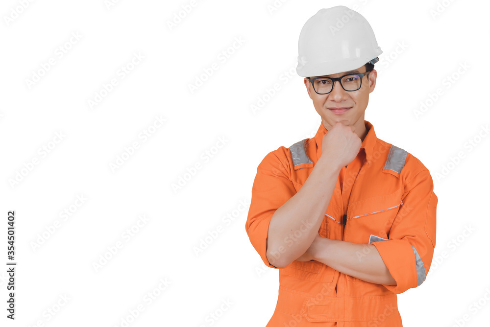 Asian confident and smart engineer man wearing coveralls suit and helmets for safety on offshore oil rig platform isolated white background. Asian confident and smart engineer man wearing coveralls suit and helmets for safety on offshore oil rig platform isolated white background.