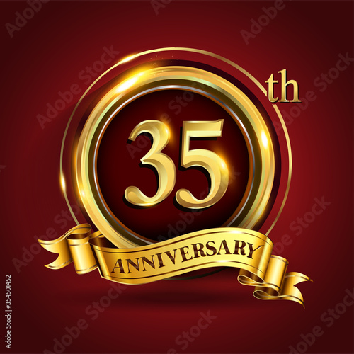 Celebrating 35th golden anniversary, Design Logo of Anniversary celebration with gold ring and golden ribbon.