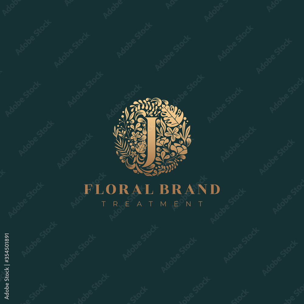 Letter J golden luxurious circle floral decorative logo