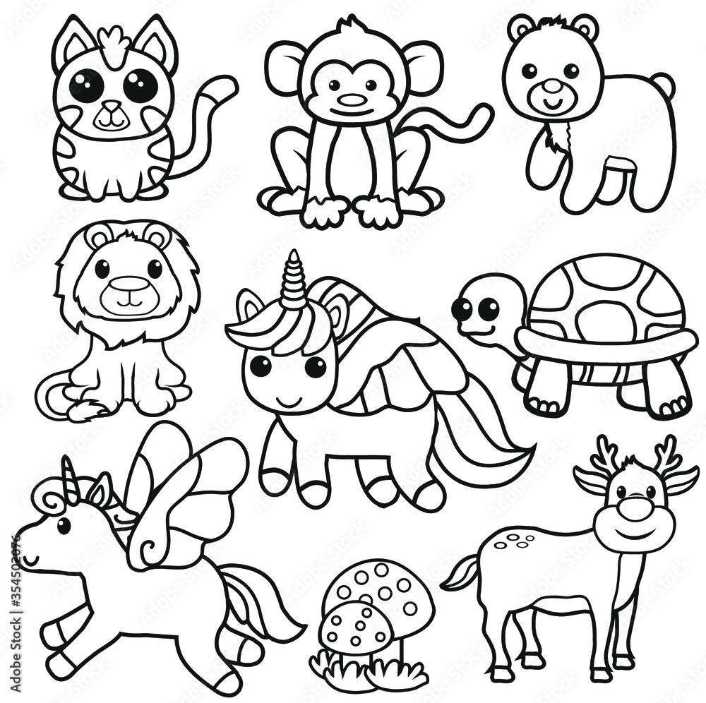 Cute cartoon 8 animal and mushroom. Black and white vector illustration for coloring book Cute cartoon 8 animal and mushroom. Black and white vector illustration for coloring book