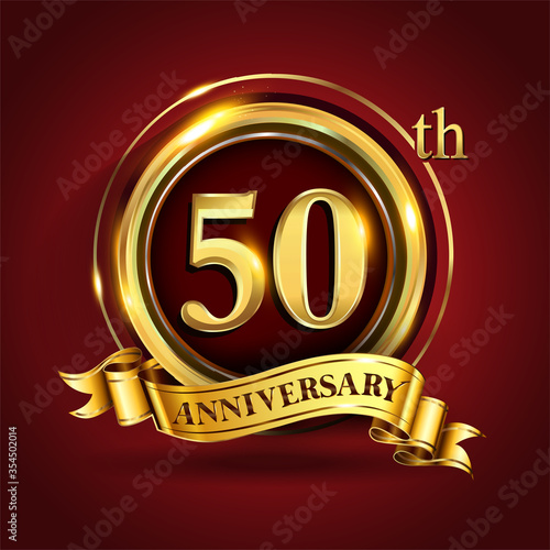 Celebrating 50th golden anniversary, Design Logo of Anniversary celebration with gold ring and golden ribbon.