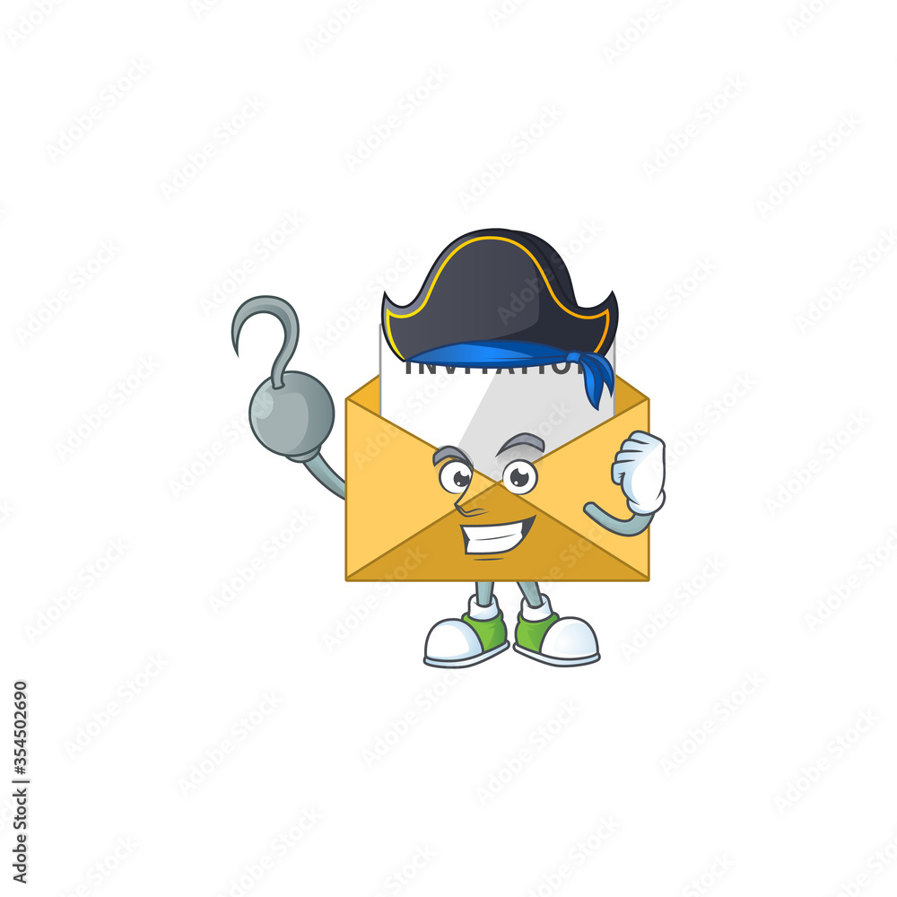 mascot design style of invitation message as a pirate having one hook hand