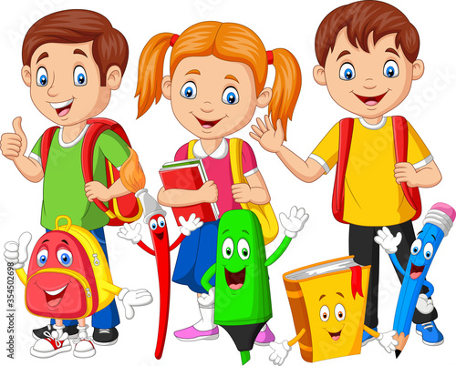 Cartoon happy school children with school supplies