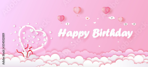 Birthday card and gift box white heart on pink background.