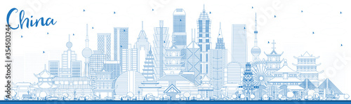 Outline China City Skyline with Blue Buildings.