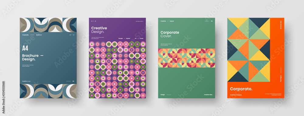 Fototapeta premium Company identity brochure template collection. Business presentation vector A4 vertical orientation front page mock up set. Corporate report cover abstract geometric illustration design layout bundle.