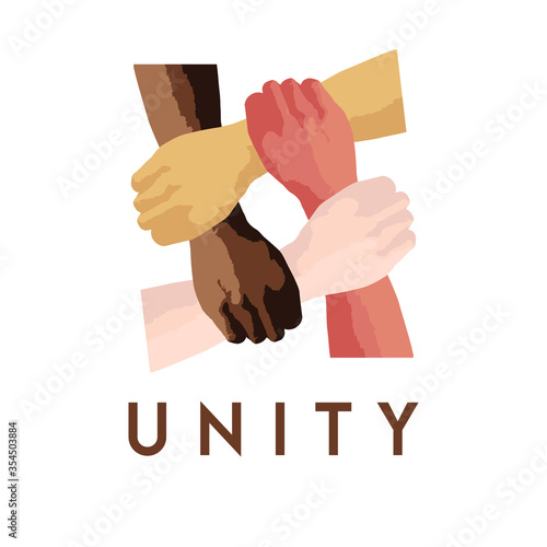 Stop racism icon. Motivational poster against racism and discrimination. Many hands of different races together in a circle. Vector Illustration