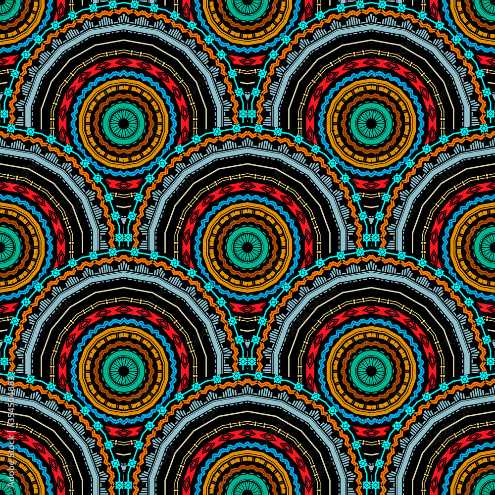 Boho vector tiled round mandalas  seamless pattern. Geometric abstract ornamental Deco background. Geometry shapes, zig zag lines, circles, Ornate tribal folk style repeat ornaments. Ethnic design