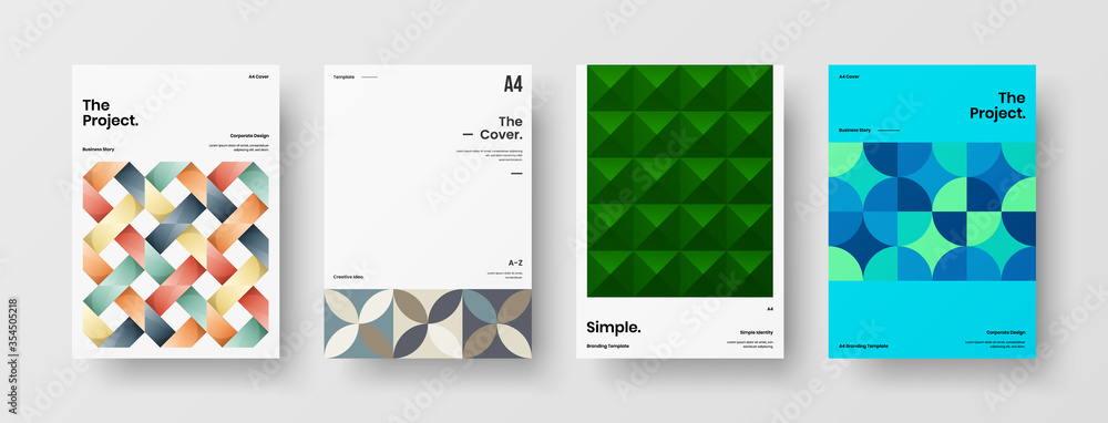 Fototapeta premium Company identity brochure template collection. Business presentation vector A4 vertical orientation front page mock up set. Corporate report cover abstract geometric illustration design layout bundle.