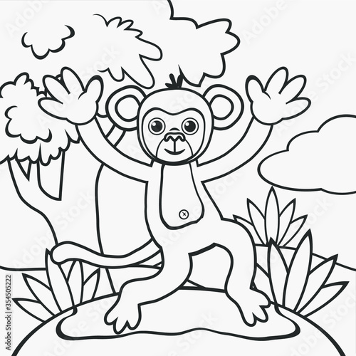 Cute monkey. Black and white vector illustration for coloring book