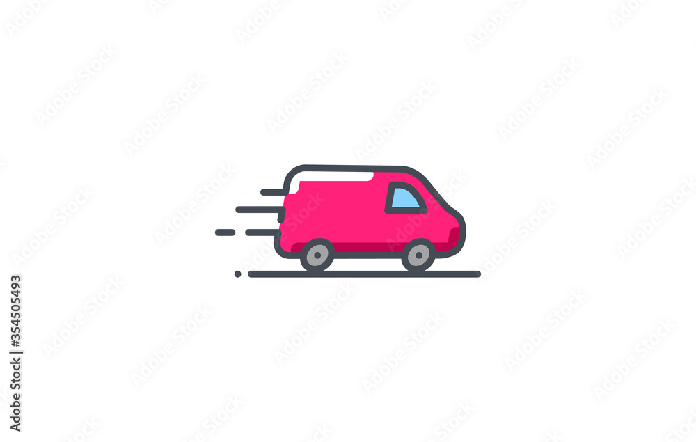 Van vector icon. Delivery service logo isolated on white. Moving car line outline colored filled thin sign flat design Van vector icon. Delivery service logo isolated on white. Moving car line outline colored filled thin sign flat design