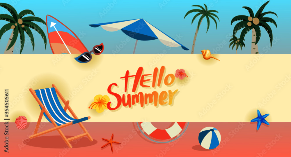 Hello Summer tropical peach and blue pastel color concept with life buoy, palm tree, umbrella, ball, sunglasses and starfish at the beach. For Label summer sale, template, banner, billboard