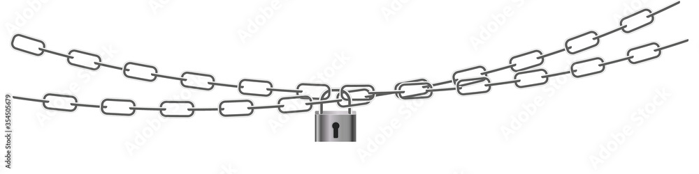 Padlock and chains isolated on white background. Concept of protection of information, property, inaccessibility Padlock and chains isolated on white background. Concept of protection of information, property, inaccessibility
