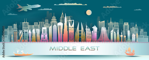 Middle east landmarks of asia with colorful  modern architecture background.