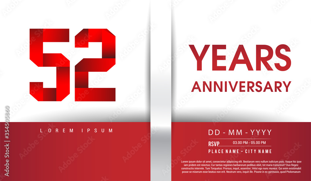 52nd Years Anniversary celebration logo, flat design isolated on red and white background, vector elements for banner, invitation card and birthday party.