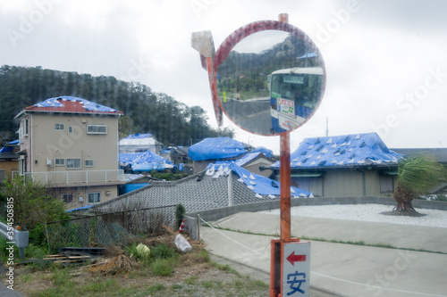 Minamiboso, Chiba, Japan, 09/23/2019 , Thyphoon Faxai number 15, roofs of houses severely damaged by the hurricane faxai, in the municipality of Minamiboso, south of the province of Chiba.