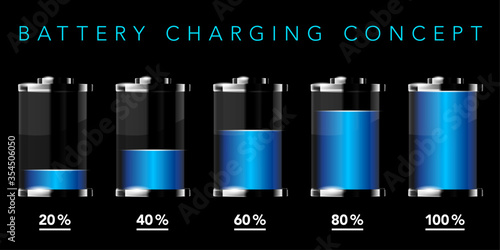 Battery charging concept - battery icons on black background