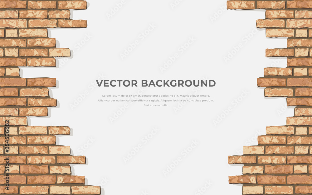 Realistic Vector broken brick wall horizontal background. Hole in flat wall texture. Yellow textured brickwork for print, design, decor, background
