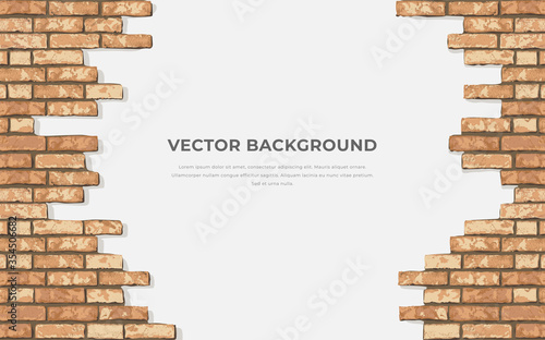 Realistic Vector broken brick wall horizontal background. Hole in flat wall t...