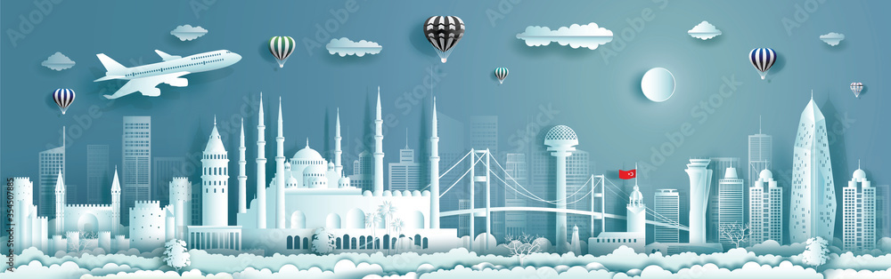 Travel to Turkey landmarks of europe with panorama view background. - obrazy, fototapety, plakaty 