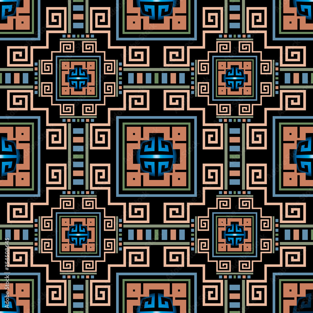 Geometric greek vector seamless pattern. Abstract tribal ethnic style background. Repeat colorful plaid backdrop. Ancient ornaments. Greek square frames, lines, mazes, shapes. Greek key meanders