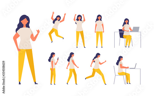 Set of the woman wearing the short sleeve shirt in different poses