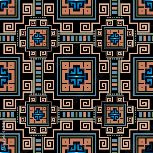 Geometric greek vector seamless pattern. Abstract tribal ethnic style background. Repeat colorful plaid backdrop. Ancient ornaments. Greek square frames, lines, mazes, shapes. Greek key meanders