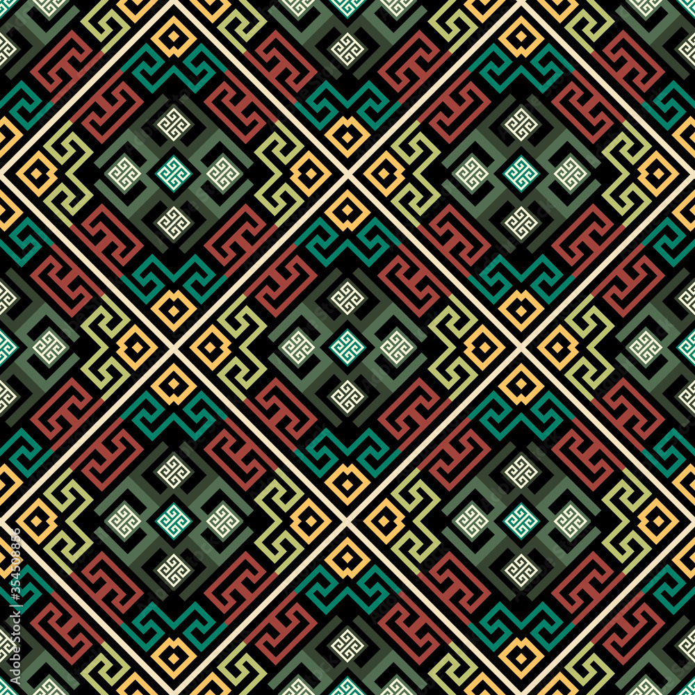 Geometric greek vector seamless pattern. Abstract tribal ethnic style background. Repeat colorful waffled backdrop. Ancient ornaments. Greek rhombus frames, lines, mazes, shapes. Greek key meanders