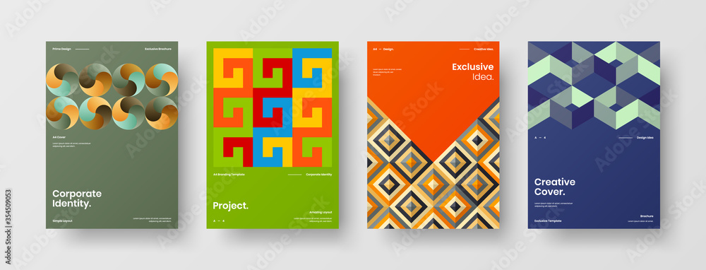 Fototapeta premium Company identity brochure template collection. Business presentation vector A4 vertical orientation front page mock up set. Corporate report cover abstract geometric illustration design layout bundle.