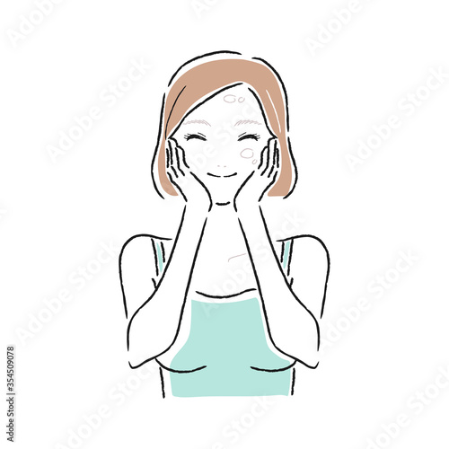 基礎化粧品をつけて肌をしっとり保湿した若い女性のイラスト。