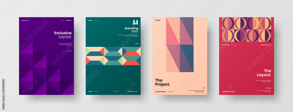 Fototapeta premium Company identity brochure template collection. Business presentation vector A4 vertical orientation front page mock up set. Corporate report cover abstract geometric illustration design layout bundle.