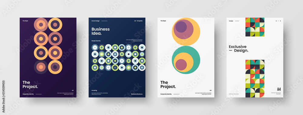 Obraz premium Company identity brochure template collection. Business presentation vector A4 vertical orientation front page mock up set. Corporate report cover abstract geometric illustration design layout bundle.