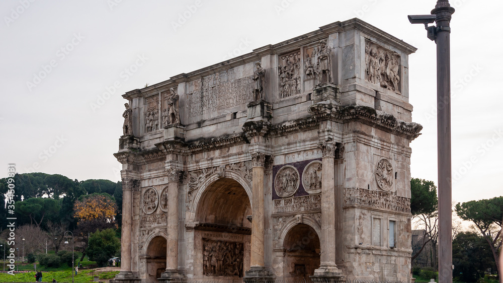 Rome Italy. Eternal city famous in the world. The historic center is a UNESCO World Heritage Site with many points of archaeological interest. View of the arch of Constantine outside the Roman Forum.
