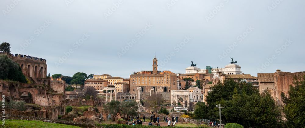 Rome Italy. Eternal city famous in the world. The historic center is on the UNESCO World Heritage List with many points of archaeological interest. View of the Roman Forum.