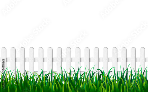 white fence and fresh green grass seamless vector background. endless wooden fence and green lawn isolated on white backdrop. vector illustration of realistic picket fence. timber fencing in garden.