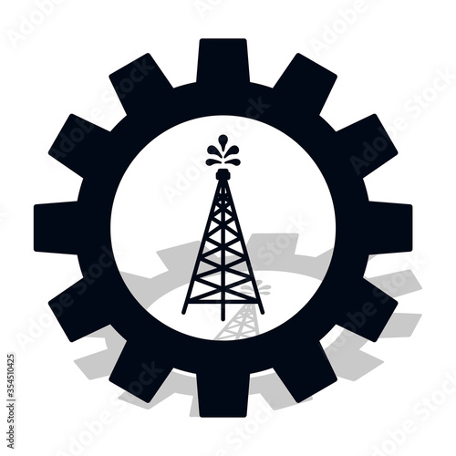 Industry icon. Silhouette of oil fountain in gear