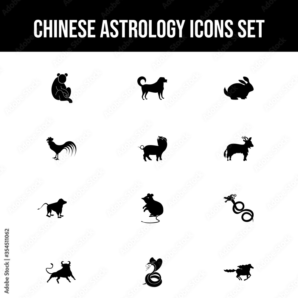 Black Chinese Astrology Animal Character Icon Set on White Background.