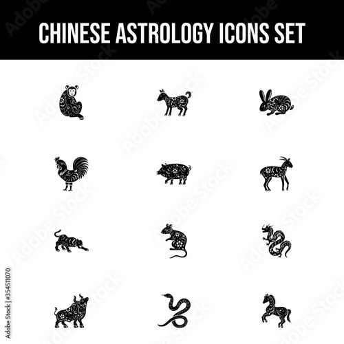 B&W Illustration of Chinese Astrology icon Set. © Abdul Qaiyoom