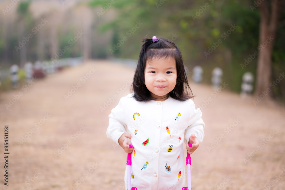 Cute Asian girl are sweet smiles, wearing white sweaters for walk in natural park. Child pushes the pink cart on brown dirt road. Concept of children learning about nature around. Baby is 3 years old. Cute Asian girl are sweet smiles, wearing white sweaters for walk in natural park. Child pushes the pink cart on brown dirt road. Concept of children learning about nature around. Baby is 3 years old.