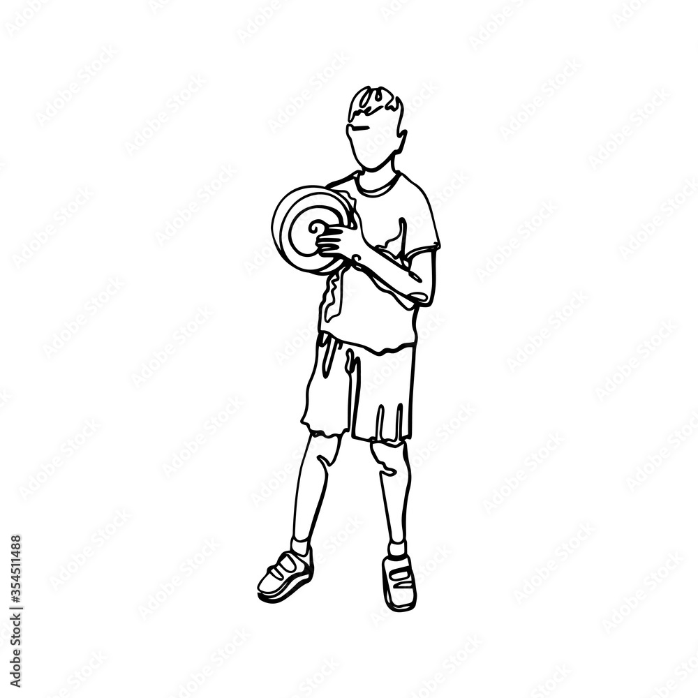 Young soccer player with a ball one continuous line drawing vector illustration isolated on white background. Minimalist design concept.