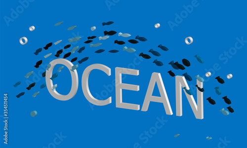 template with school of fish and bubbles. text ocean. Underwater background with fishes. isometric style.