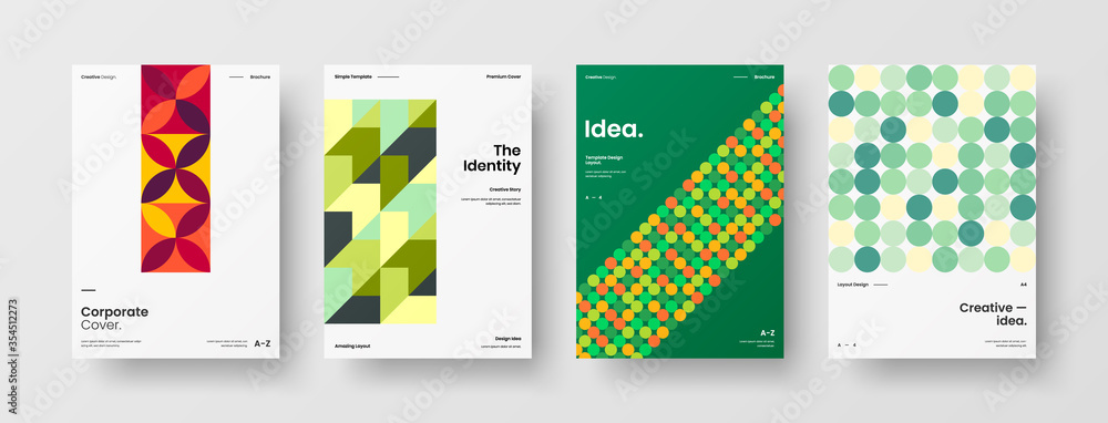 Fototapeta premium Company identity brochure template collection. Business presentation vector A4 vertical orientation front page mock up set. Corporate report cover abstract geometric illustration design layout bundle.