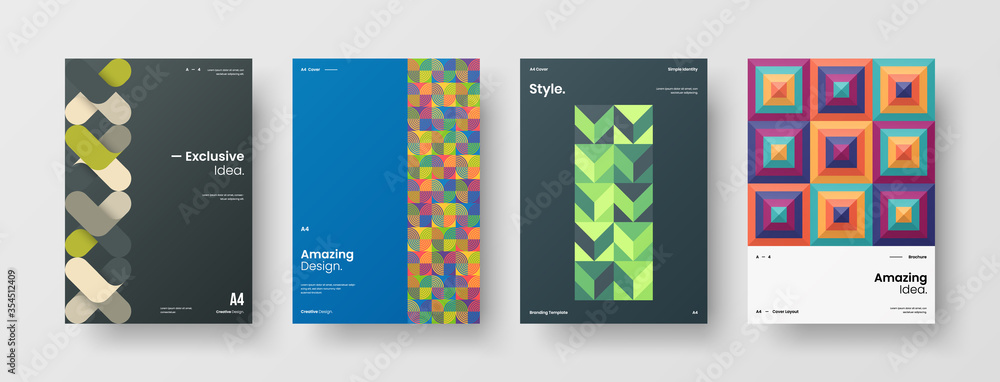 Fototapeta premium Company identity brochure template collection. Business presentation vector A4 vertical orientation front page mock up set. Corporate report cover abstract geometric illustration design layout bundle.