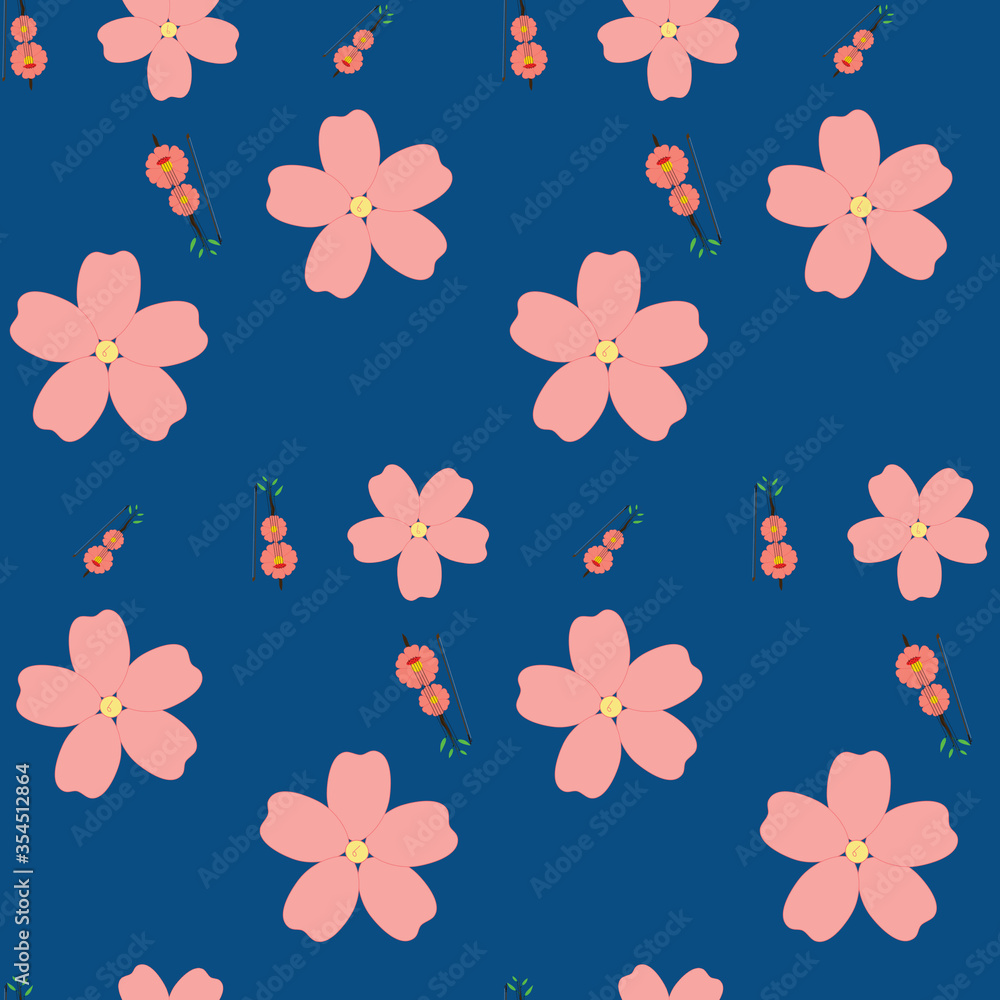 Seamless pattern with abstract sakura flowers and floral stringed violins on classic blue background. Creative color floral surface design. Concepts: music, summer, spring, nature, blossom Seamless pattern with abstract sakura flowers and floral stringed violins on classic blue background. Creative color floral surface design. Concepts: music, summer, spring, nature, blossom