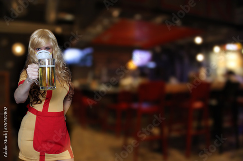 Waitress With N95 Mask Holding Beer Mug, Shallow DOF Focus on Beer © LMPark Photos